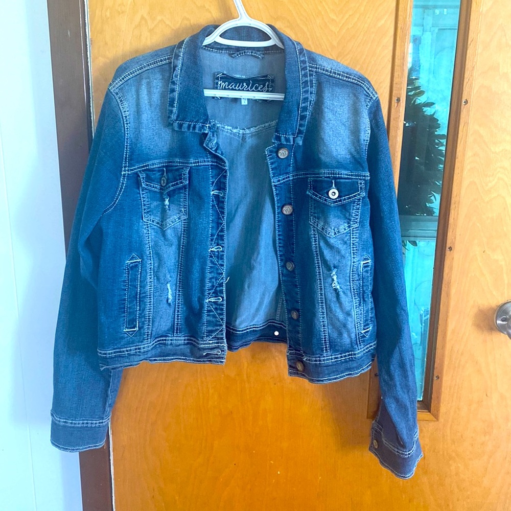 Maurice’s gently worn distressed jean jacket, plus size 1
